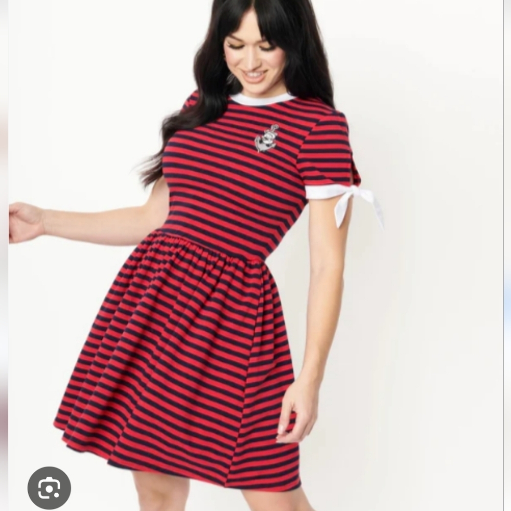 Popeye x Unique Vintage Red & Black Striped Retro Fit & Flare Dress
